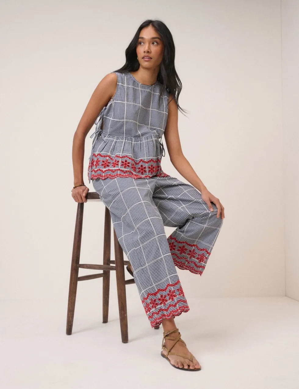 Pure Cotton Checked Cropped Trousers