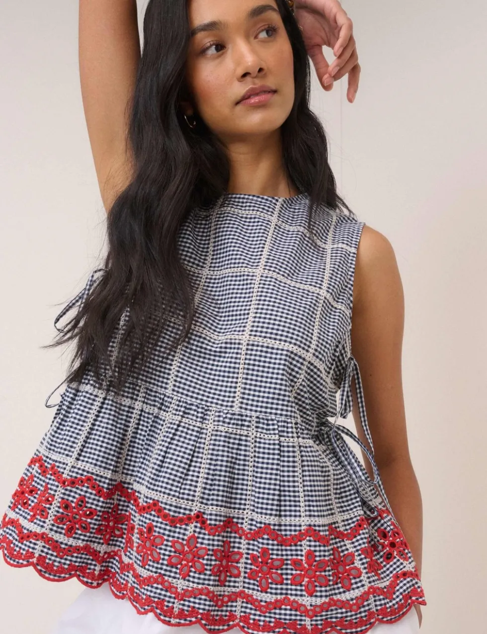 Pure Cotton Checked Embroidered Peplum Top