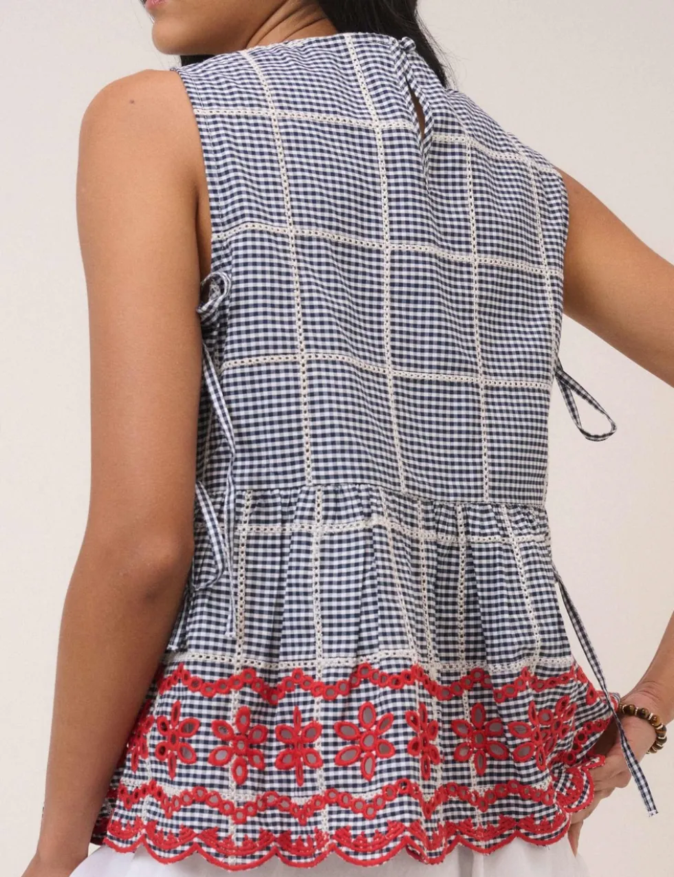 Pure Cotton Checked Embroidered Peplum Top