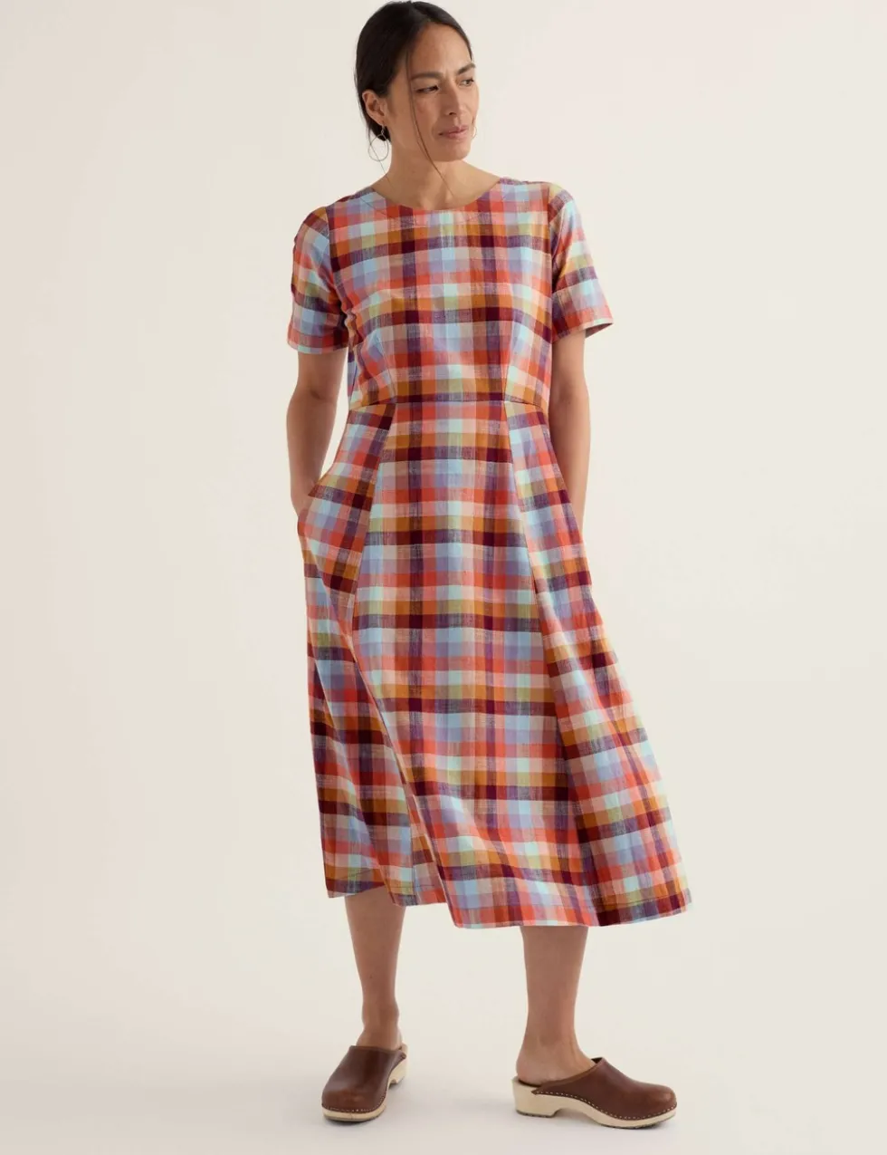 Pure Cotton Checked Midi Waisted Dress