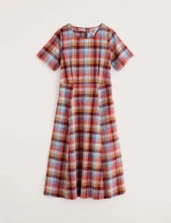 Pure Cotton Checked Midi Waisted Dress