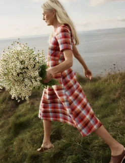 Pure Cotton Checked Midi Waisted Dress