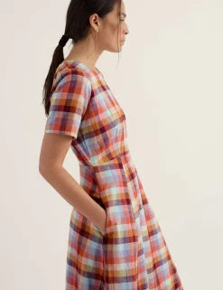 Pure Cotton Checked Midi Waisted Dress