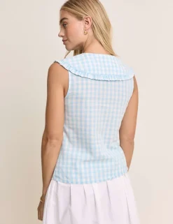 Pure Cotton Checked Tie Neck Blouse