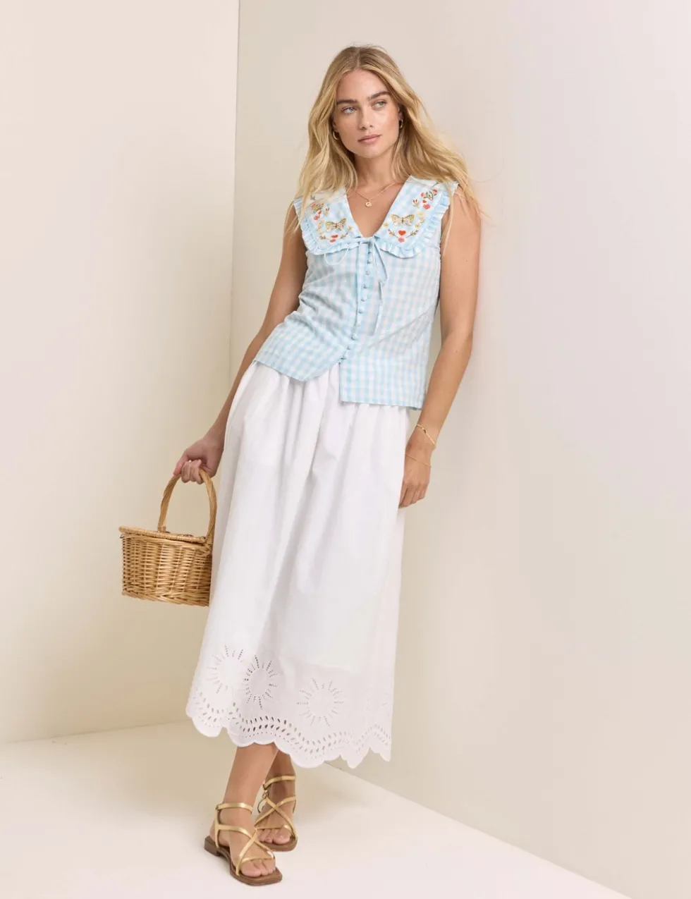 Pure Cotton Checked Tie Neck Blouse