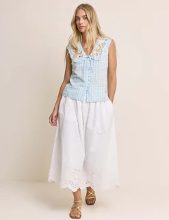 Pure Cotton Checked Tie Neck Blouse