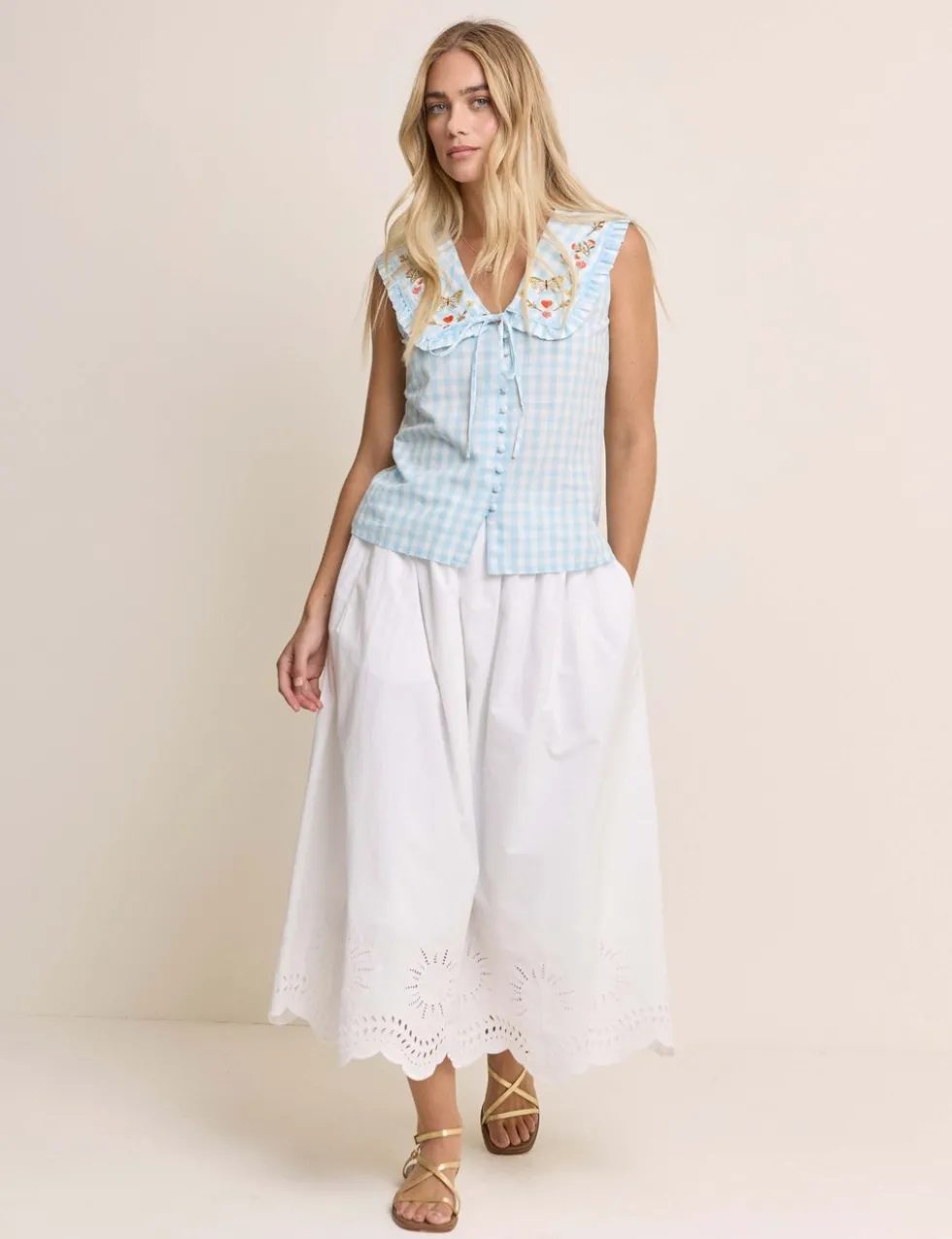Pure Cotton Checked Tie Neck Blouse