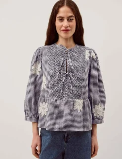 Pure Cotton Checked Tie Neck Blouse