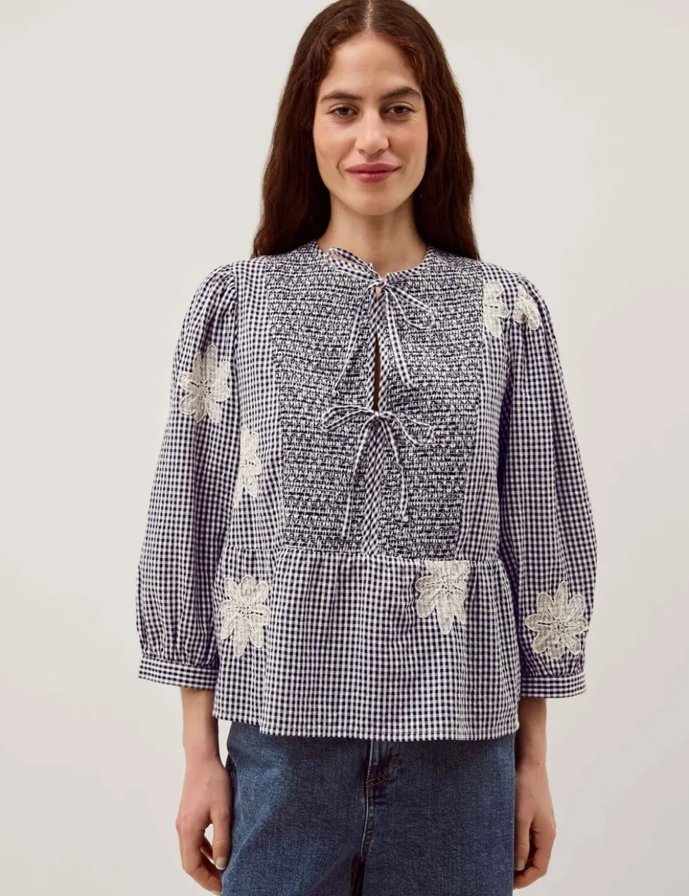 Pure Cotton Checked Tie Neck Blouse