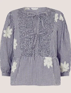 Pure Cotton Checked Tie Neck Blouse