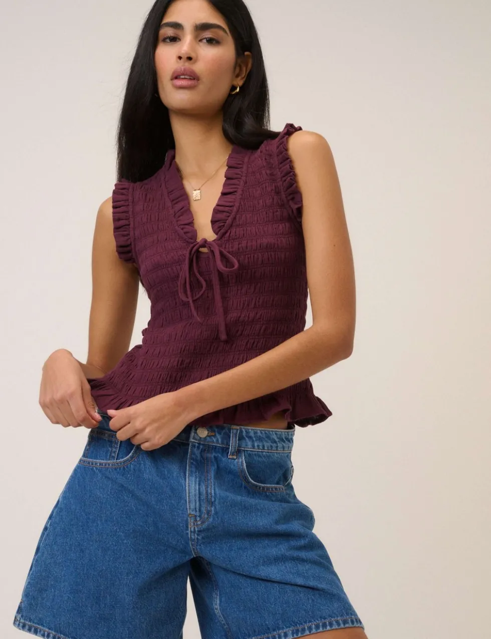 Pure Cotton Checked V-Neck Shirred Top