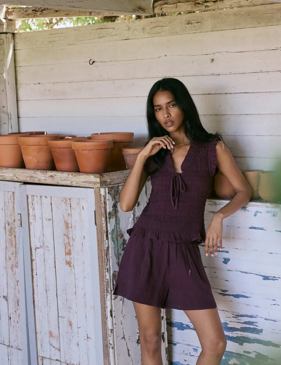 Pure Cotton Checked V-Neck Shirred Top
