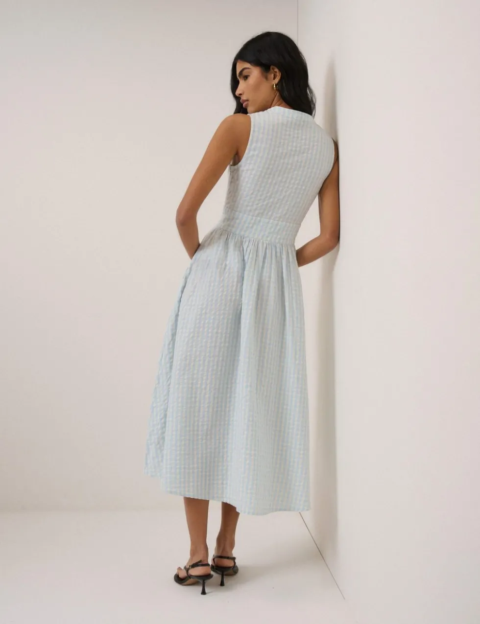 Pure Cotton Checked V-Neck Midi Waisted Dress
