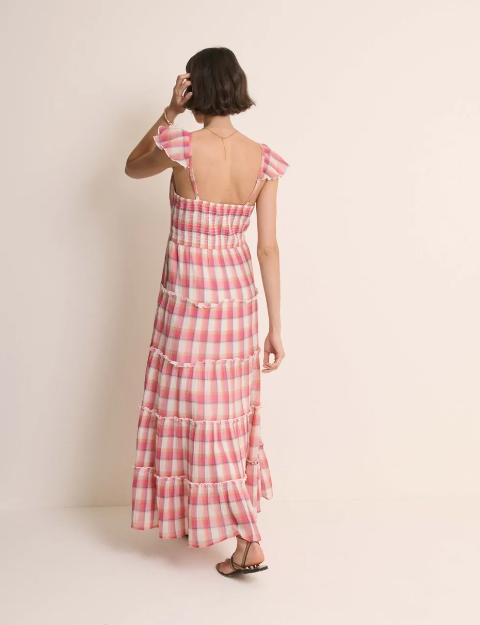 Pure Cotton Checked V-Neck Maxi Dress QT
