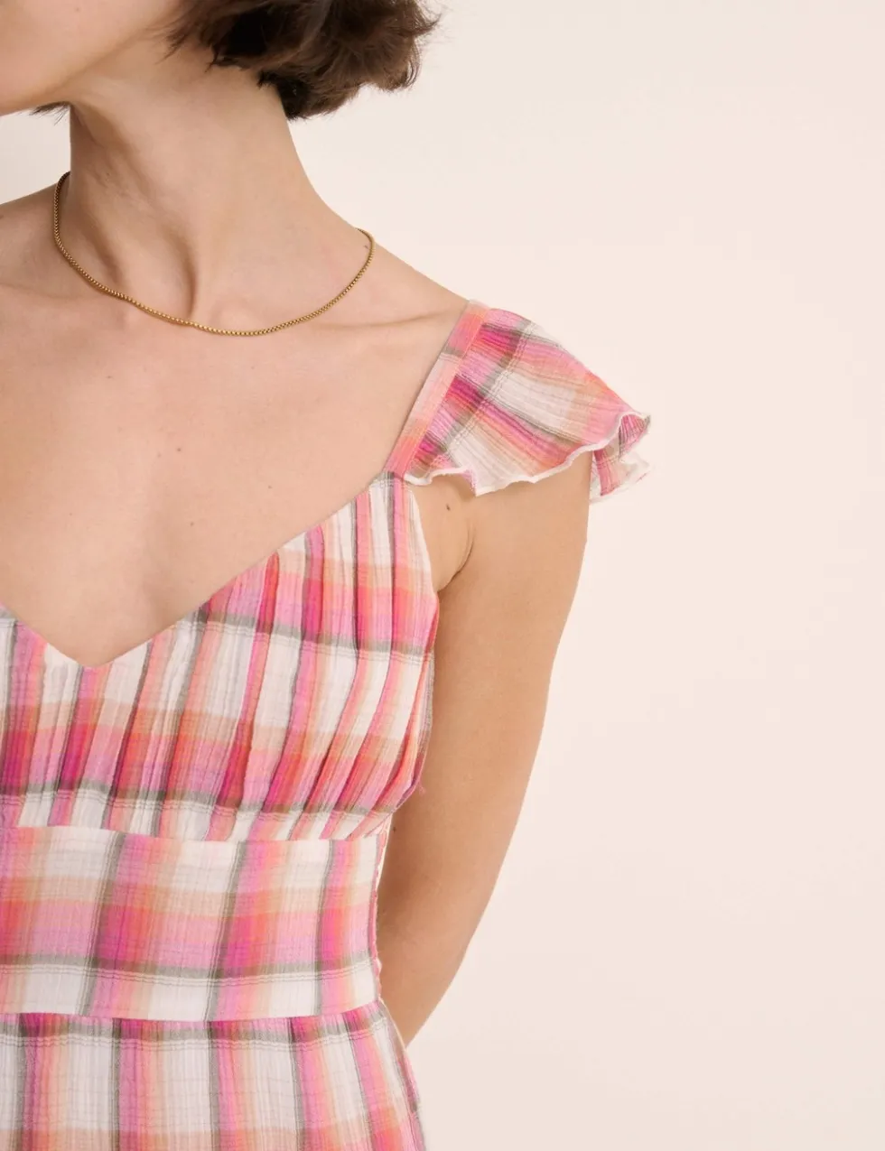 Pure Cotton Checked V-Neck Maxi Dress QT