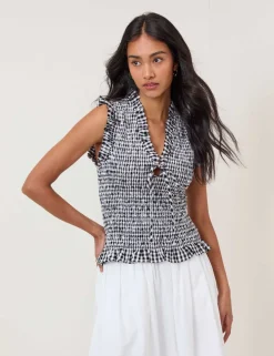 Pure Cotton Checked V-Neck Shirred Top