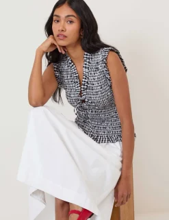 Pure Cotton Checked V-Neck Shirred Top