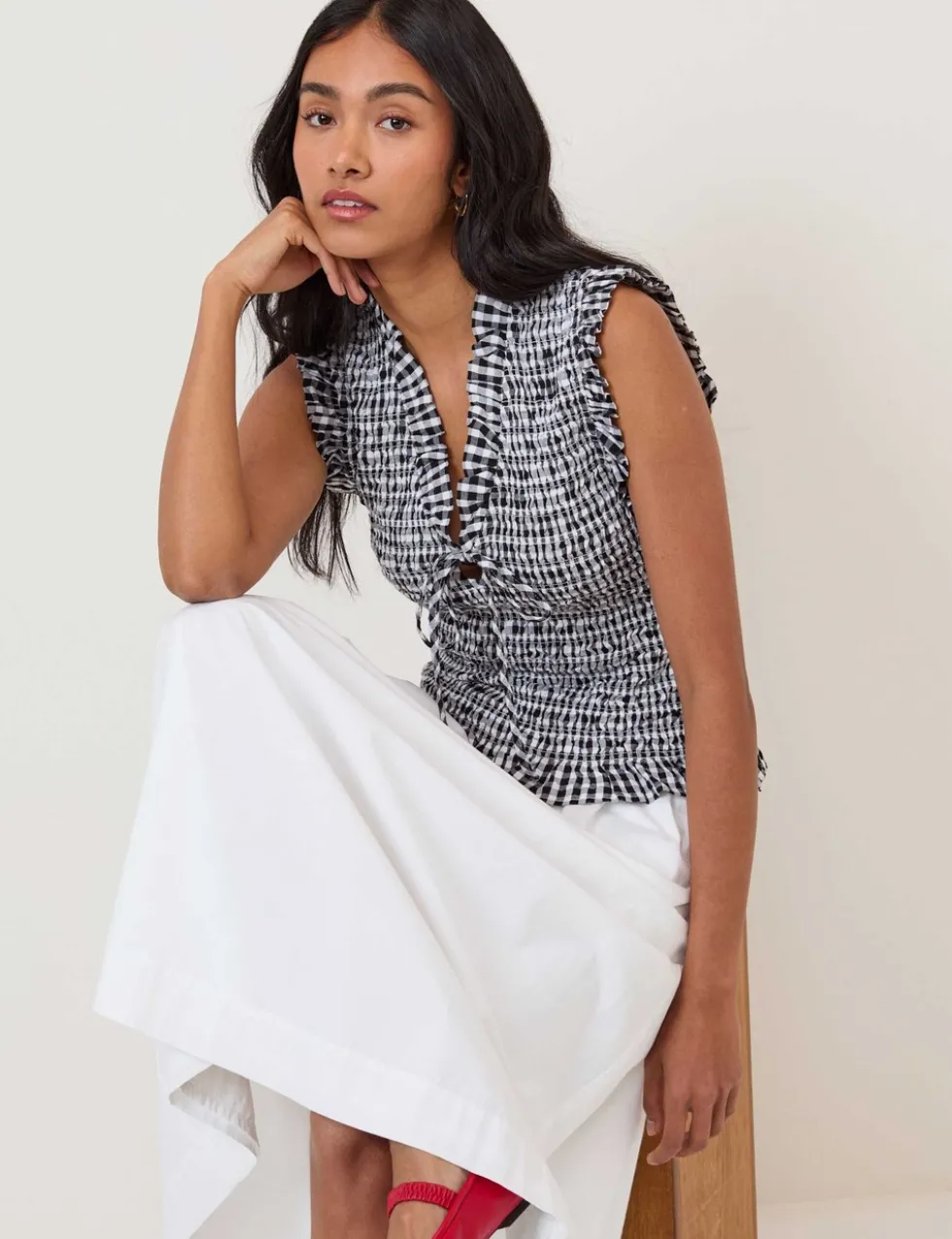 Pure Cotton Checked V-Neck Shirred Top