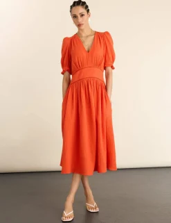 Pure Cotton Cheesecloth V-Neck Midi Dress