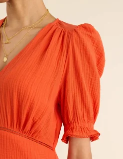 Pure Cotton Cheesecloth V-Neck Midi Dress