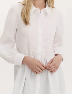 Pure Cotton Collared Shirred Detail Blouson Sleeve Shirt
