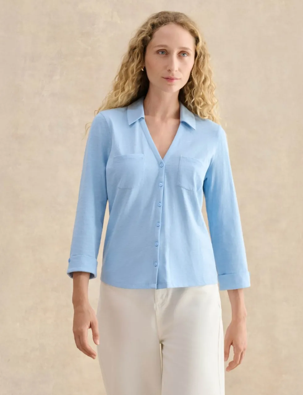 Pure Cotton Collared V-Neck 3/4 Sleeve Shirt
