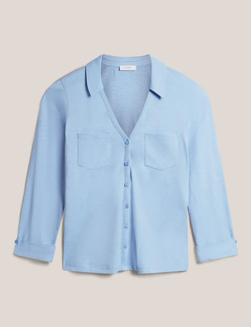 Pure Cotton Collared V-Neck 3/4 Sleeve Shirt