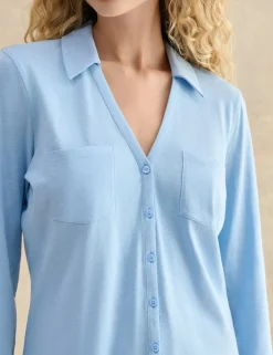 Pure Cotton Collared V-Neck 3/4 Sleeve Shirt