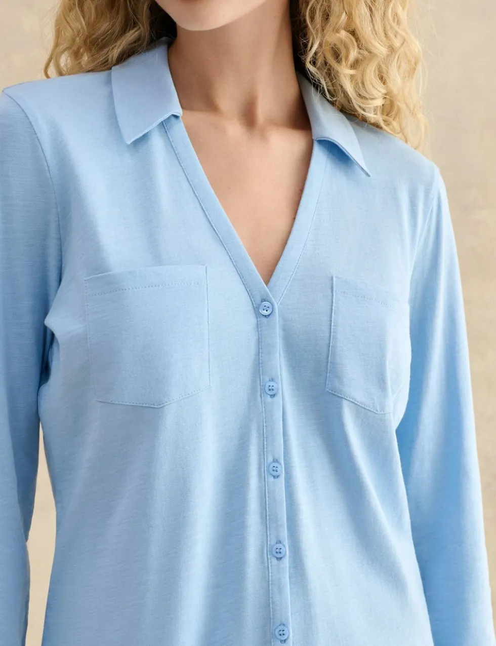 Pure Cotton Collared V-Neck 3/4 Sleeve Shirt