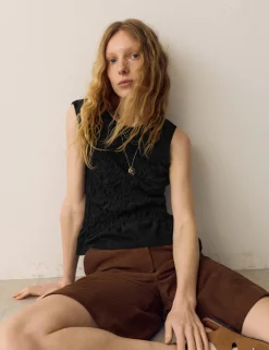Pure Cotton Crew Neck Shirred Front Top