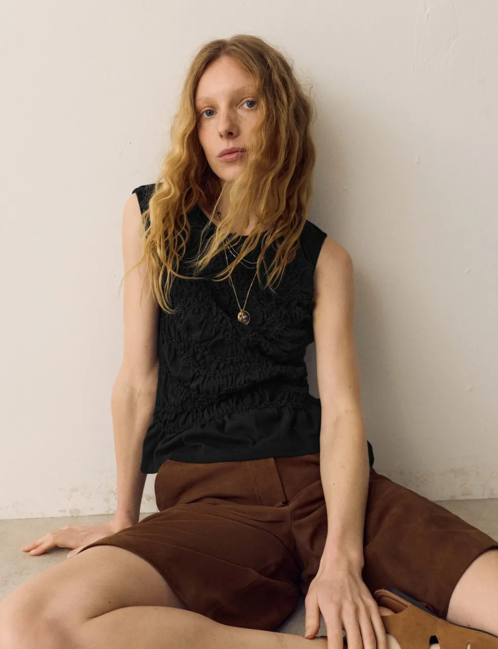 Pure Cotton Crew Neck Shirred Front Top
