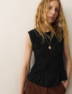 Pure Cotton Crew Neck Shirred Front Top