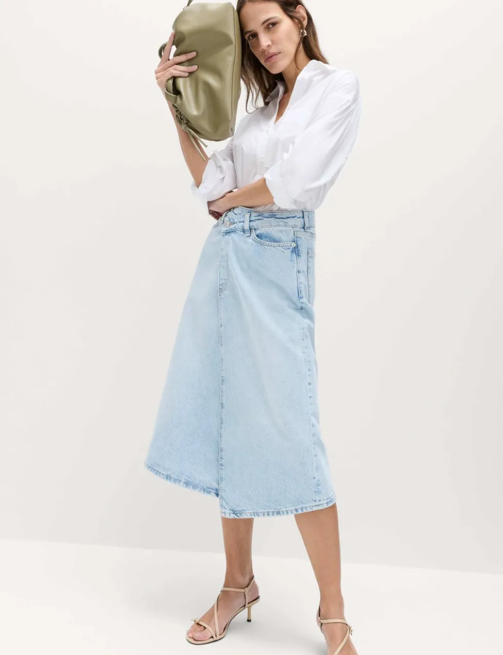 Pure Cotton Denim Asymmetric Midi Wrap Skirt