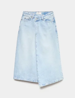 Pure Cotton Denim Asymmetric Midi Wrap Skirt
