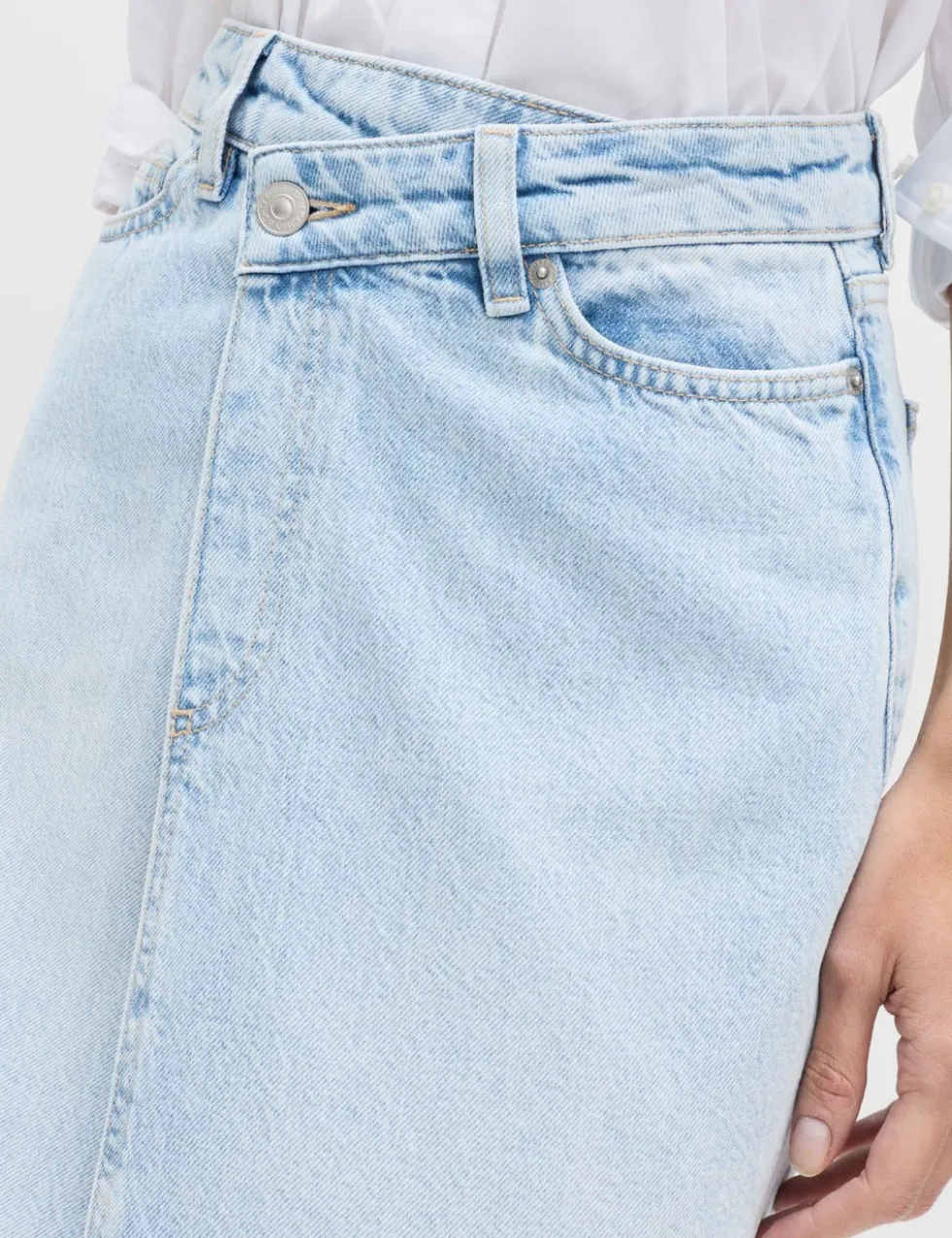 Pure Cotton Denim Asymmetric Midi Wrap Skirt