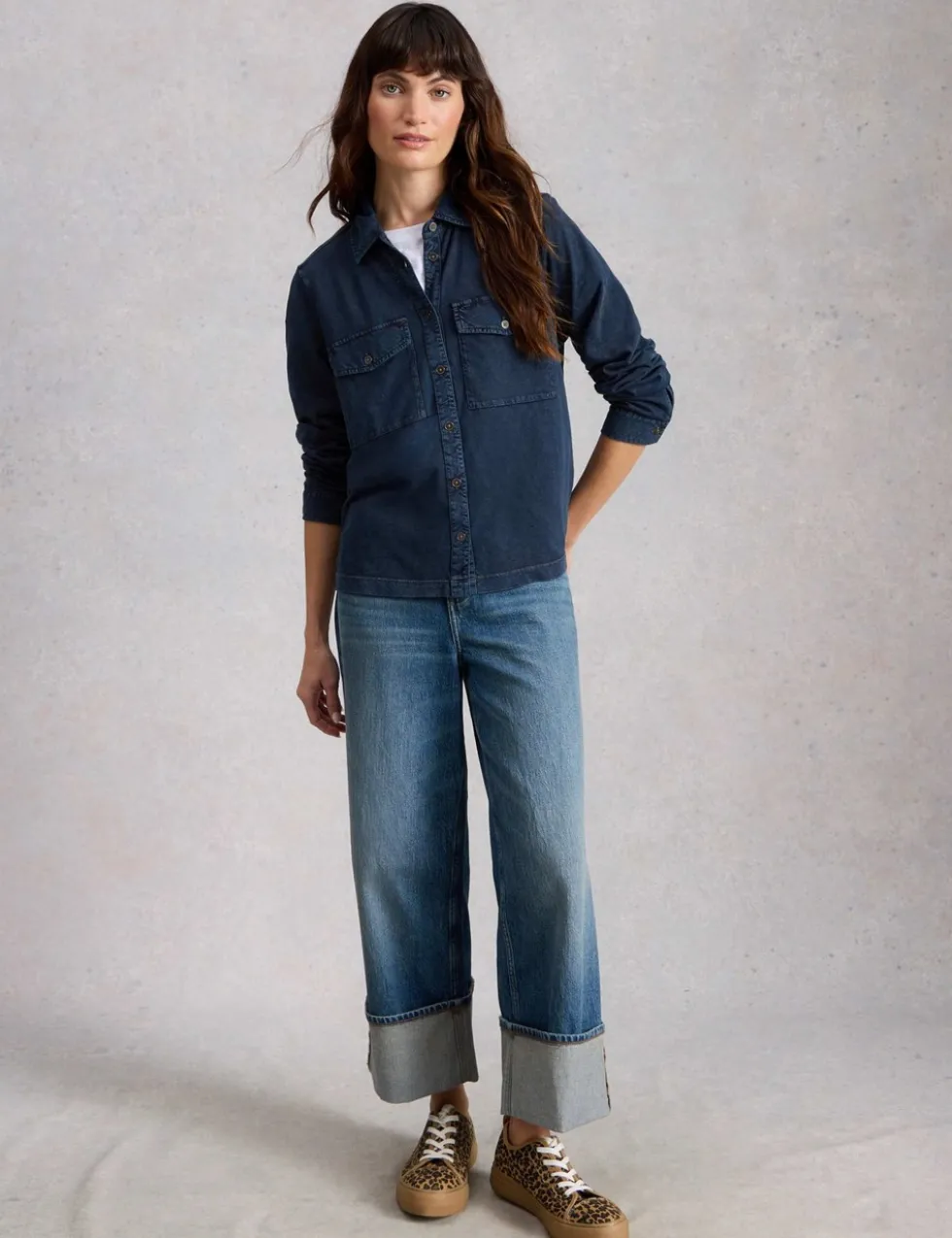 Pure Cotton Denim Collared Utility Shirt