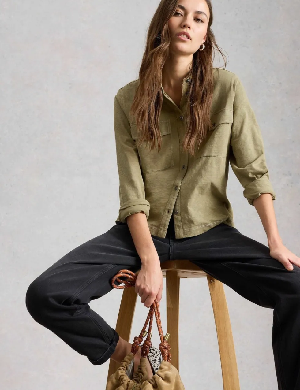 Pure Cotton Denim Collared Utility Shirt