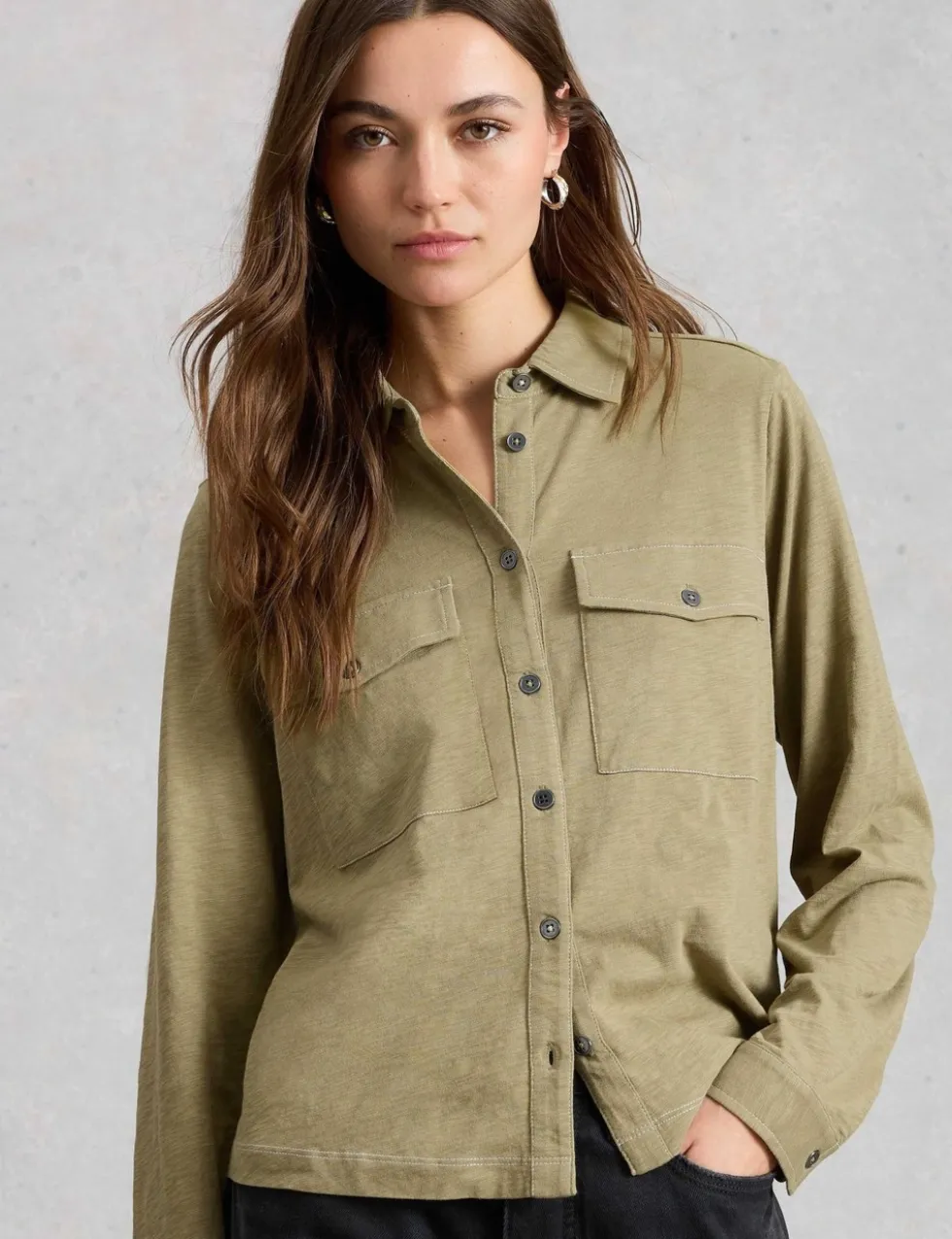Pure Cotton Denim Collared Utility Shirt