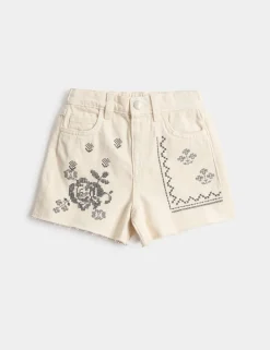 Pure Cotton Denim Embroidered Shorts (2-10 Yrs)