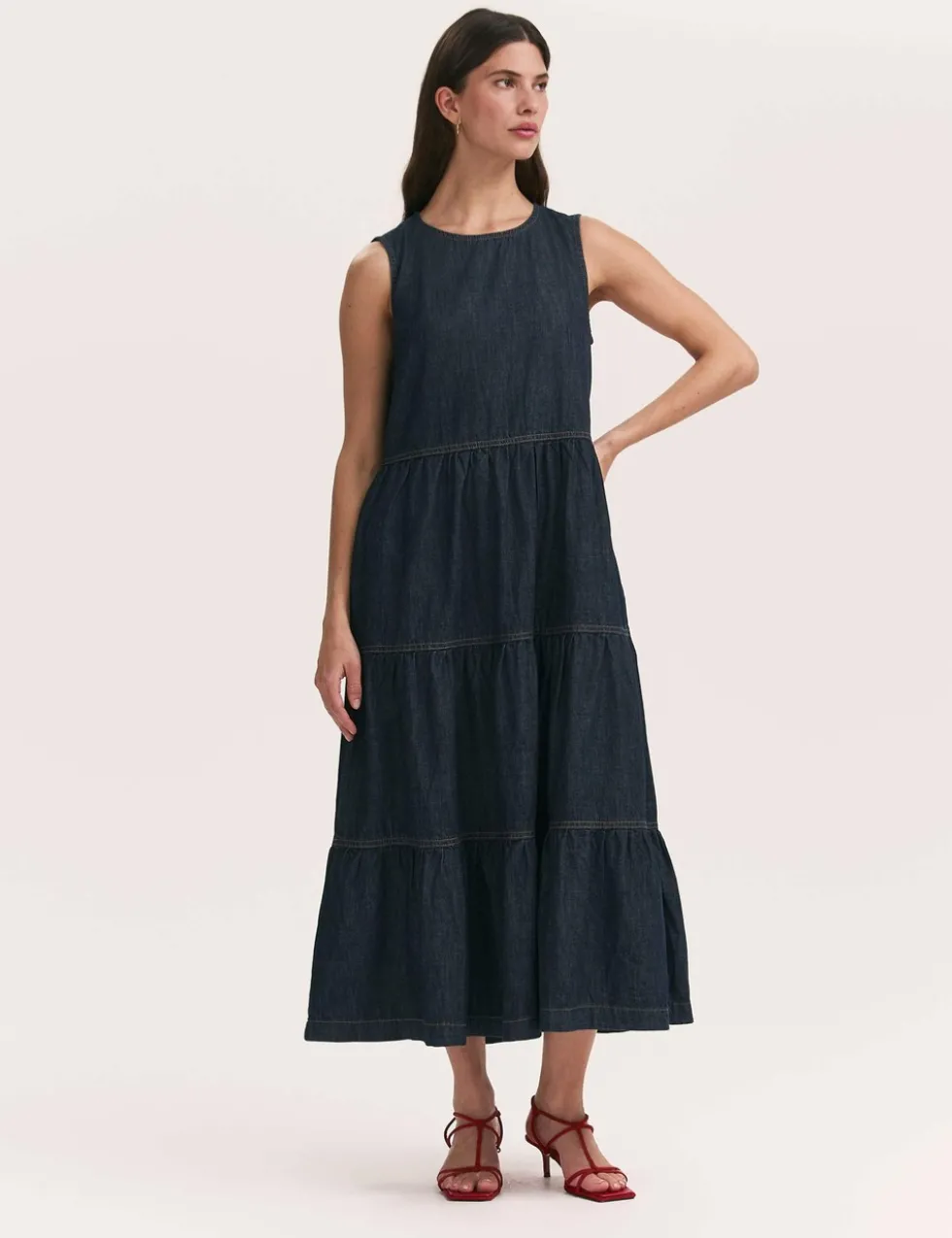 Pure Cotton Denim Midi Tiered Dress