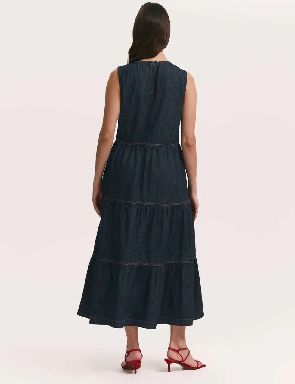 Pure Cotton Denim Midi Tiered Dress