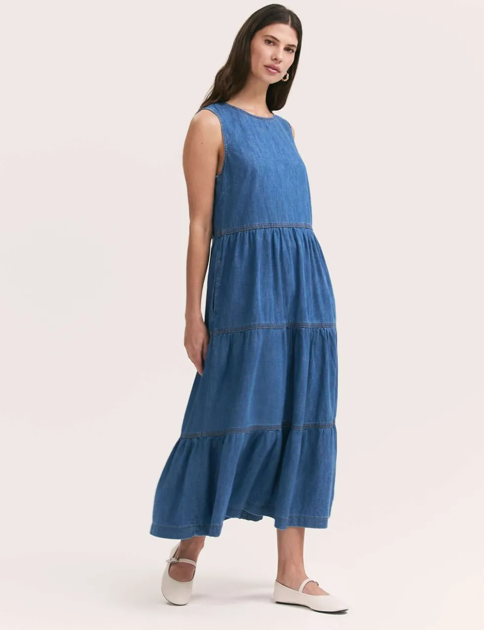 Pure Cotton Denim Midi Tiered Dress