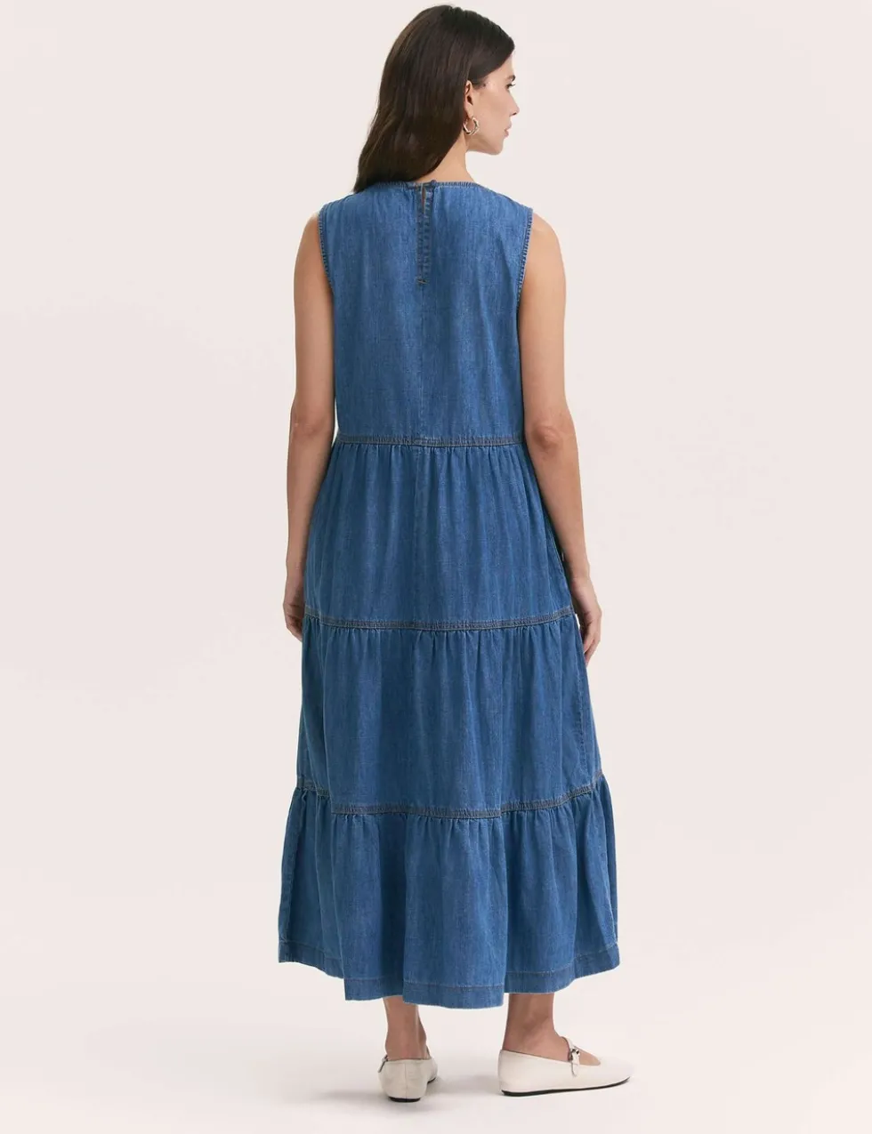Pure Cotton Denim Midi Tiered Dress