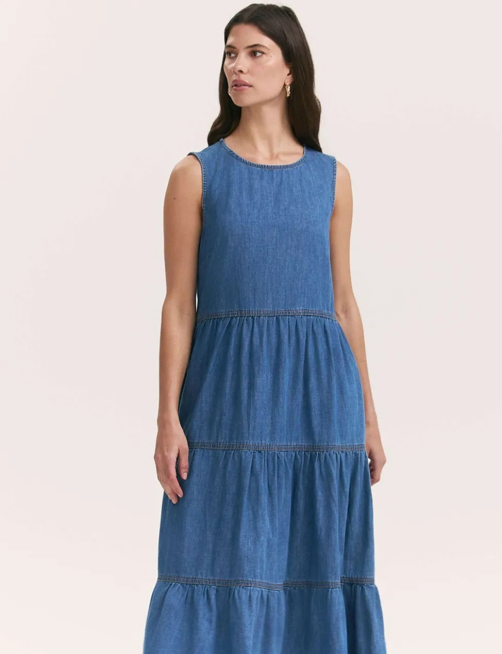 Pure Cotton Denim Midi Tiered Dress
