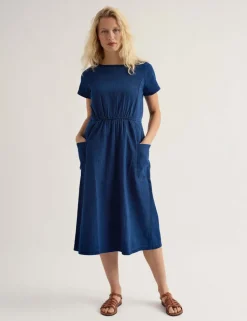 Pure Cotton Denim Midi Waisted Dress
