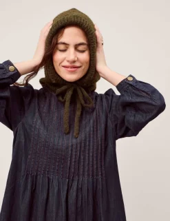 Pure Cotton Denim Pintuck Midi Smock Dress