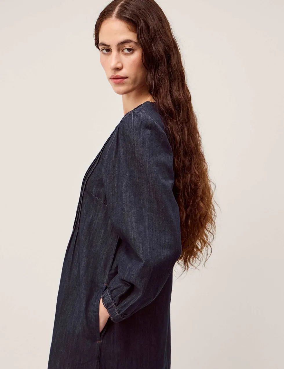 Pure Cotton Denim Pintuck Midi Smock Dress