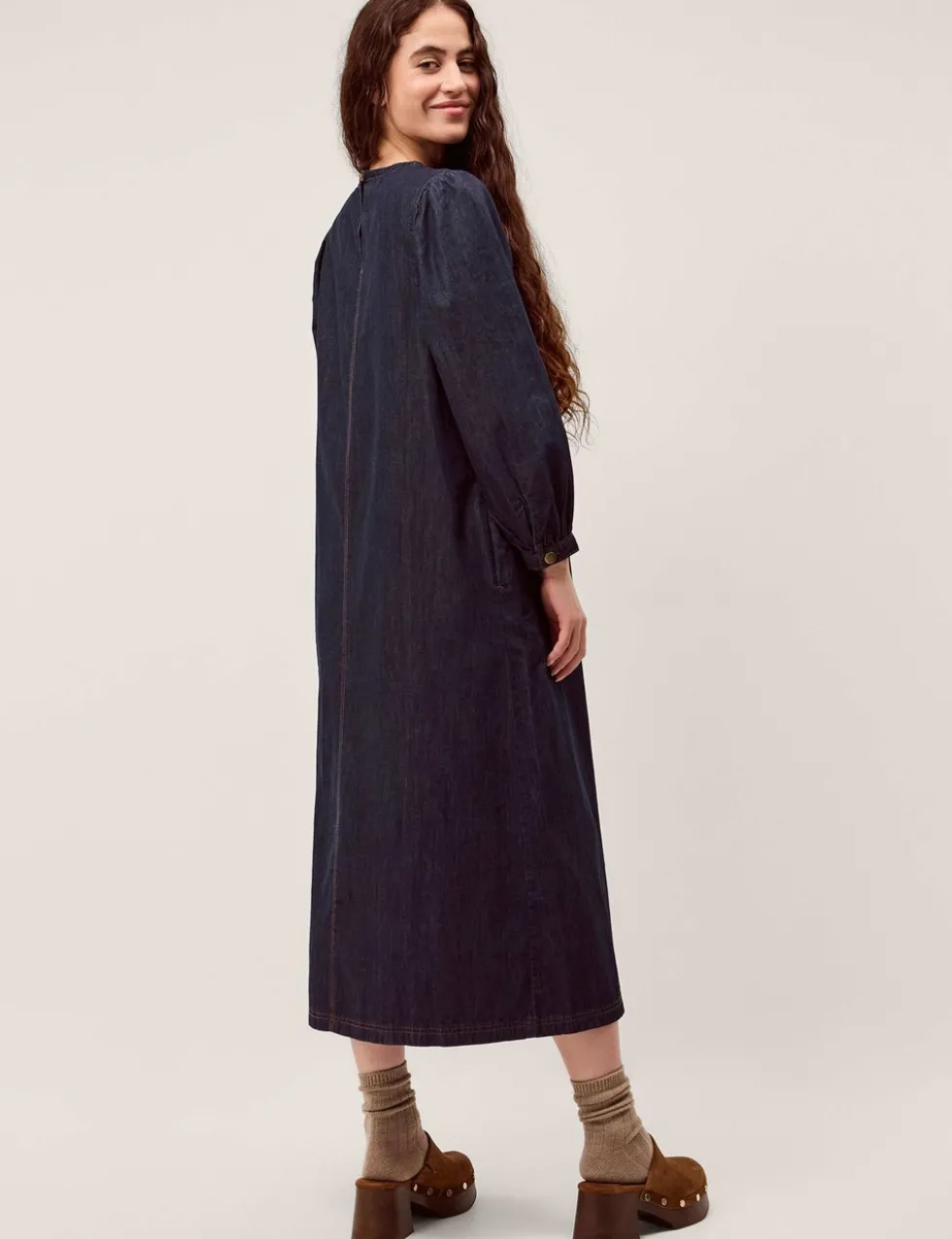 Pure Cotton Denim Pintuck Midi Smock Dress