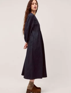 Pure Cotton Denim Pintuck Midi Smock Dress