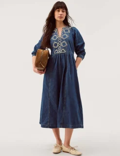 Pure Cotton Denim V-Neck Midi Waisted Dress